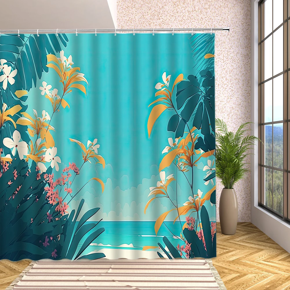 

Watercolor Green Plant Shower Curtain Tropical Palm Leaves Colorful Sage Print Waterproof with Hooks Bath Screen Bathroom Decor