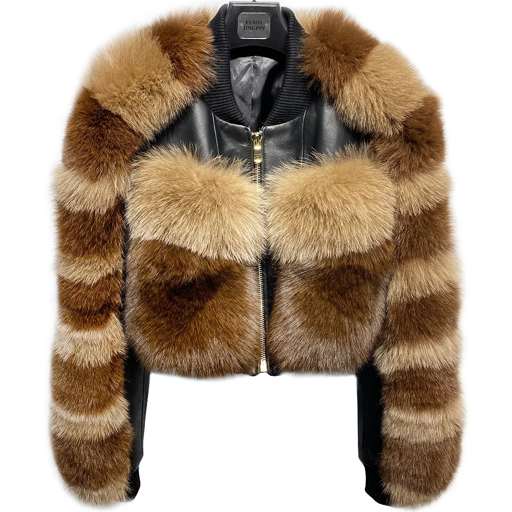 

Ladies Real Sheep Leather Jacket with Natural Fox Fur Sleeve and Pockets