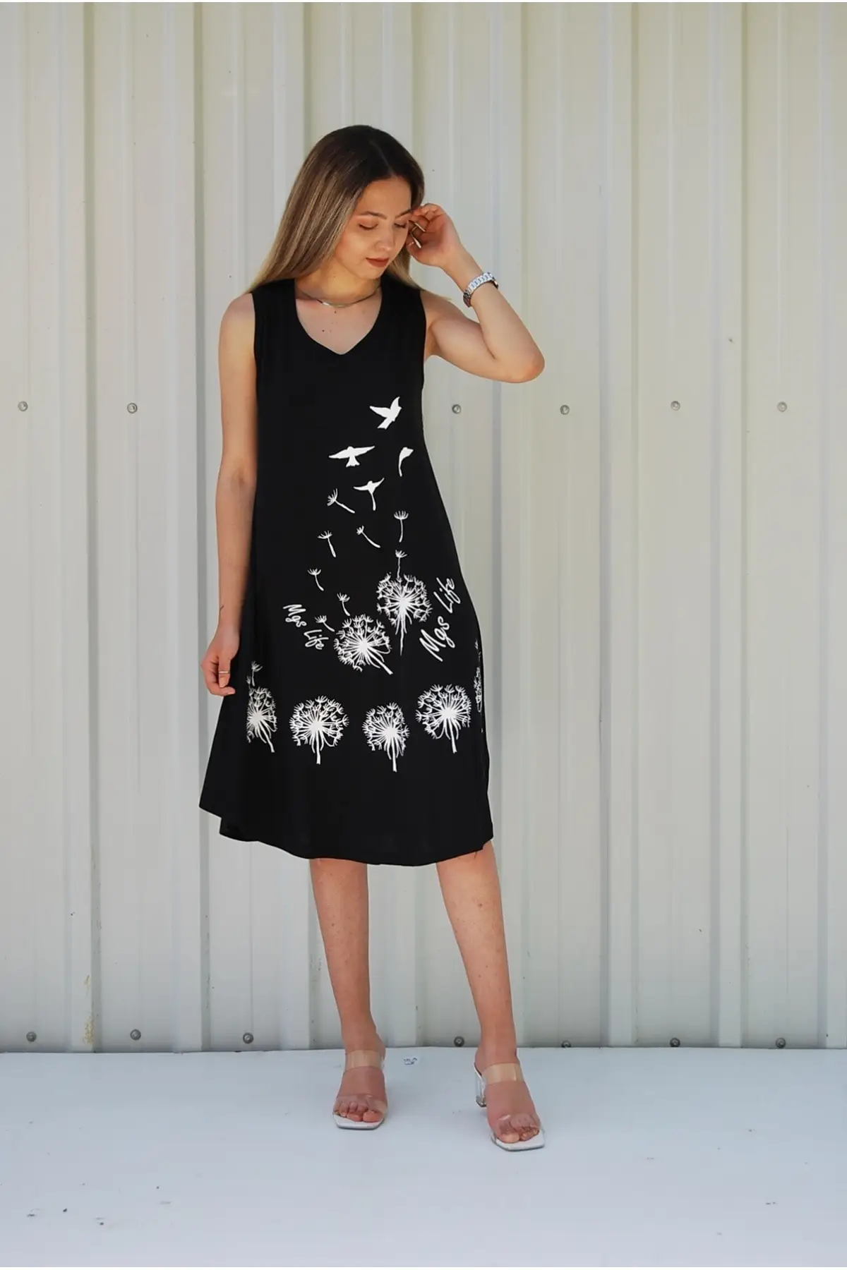 

Women Black Sleeveless Bird Printed, Large Size Dress, Comfortable, Casual, Holiday, sea, Knitted Fabric