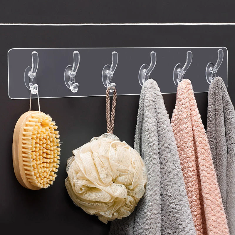 

Transparent Plastic Glue Hooks Free Of Punch Kitchen Bathroom Six Rows Hooks For Kitchen Bathroom Gadgets