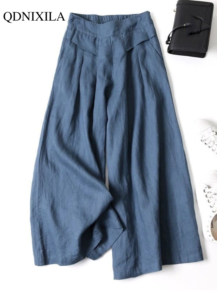

2022 Spring Summer Women's High Waist Cotton Linen Wide Leg Pants Loose Elastic Thin Ladies Skirt Pants Capris Flared Trousers