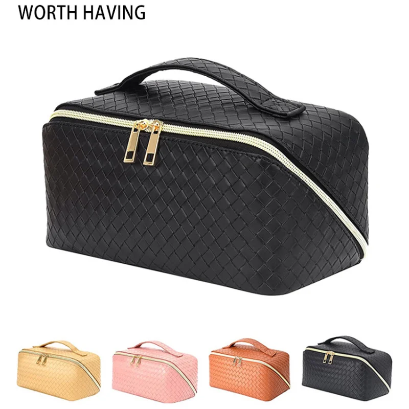 

Large Capacity Fashion Knitted Women Cosmetic Bag Colorful Luxury Brand Make Up Bag Portable PU Washbag Travel Emboss Lady Box