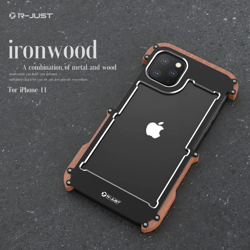 R-just Phone Cases For Iphone 11 Pro Xs Max Luxury Hard Metal Aluminum Wood Protective Bumper Phone Case For Iphone XS XR X