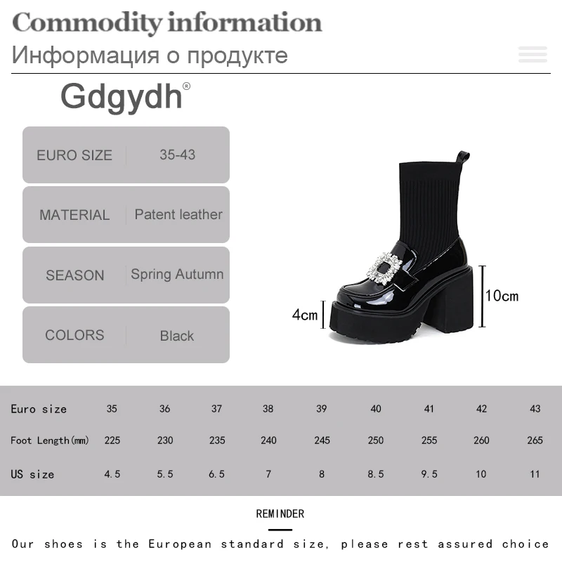 Gdgydh Rhinestone Platform Mid Calf Boots Chunky Heels Patent Elastic Sock Boots Slip On Comfortable Lolita Shoes for Student