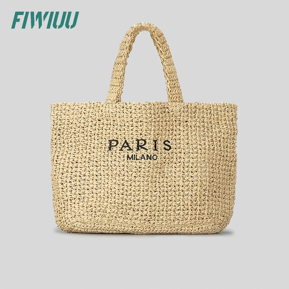 Fiwiuu Womens Handmade Straw Bag Travel Beach Tote Fishing Mesh Bag Straw Woven Bag Shopper Bag With Letter Print