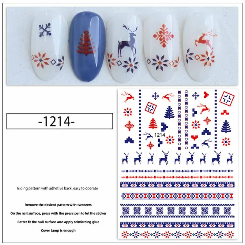 Christmas nail art sticker snow man flake flowers deer bell tree hat design back adhesive super thin manicure strips YJ037 images - 6