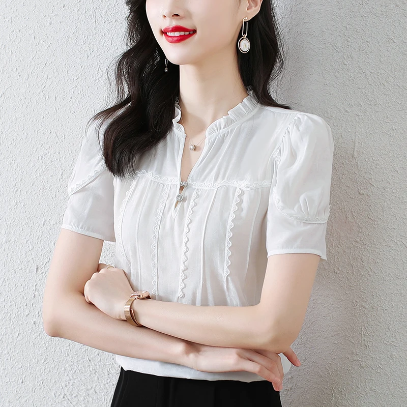 

Женская шифоновая блузка с кружевом, Повседневная облегающая блузка с коротким рукавом, белая одежда, лето 2022