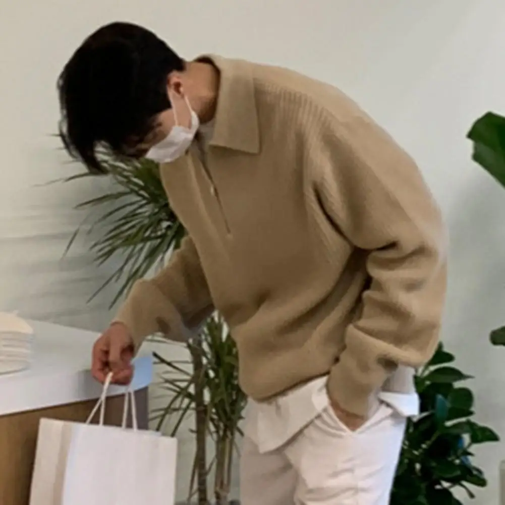 Мужской пуловер мужской свитер на молнии с отложным воротником однотонный