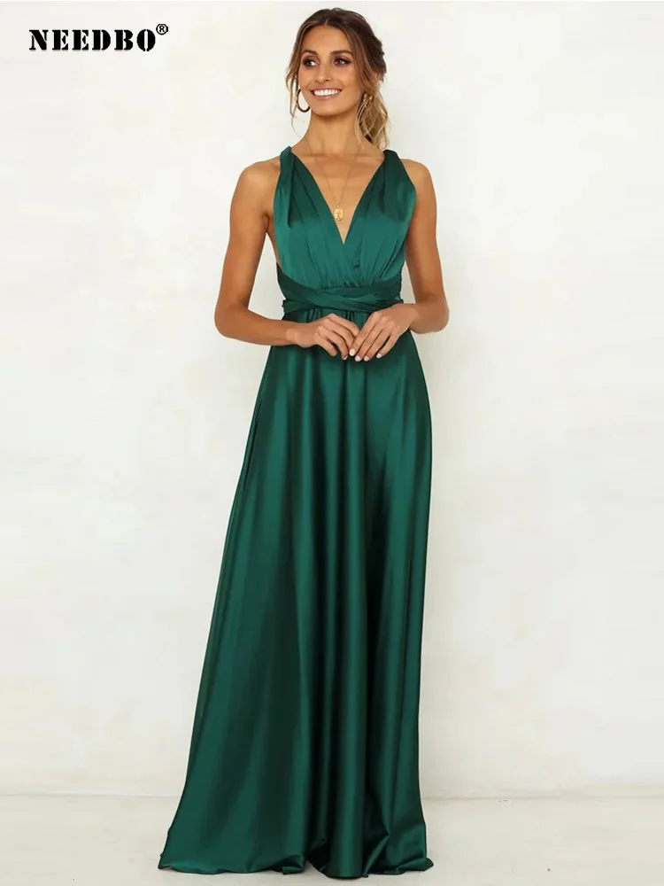 

NEEDBO новое модное сексуальное высококачественное женское вечернее платье с глубоким v-образным вырезом без рукавов атласные вечерние плать...