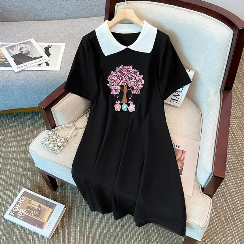 

Женское трикотажное мини-платье с вышивкой деревьев, повседневное женское платье с коротким рукавом и кукольным воротником, Элегантное летнее черное тонкое платье