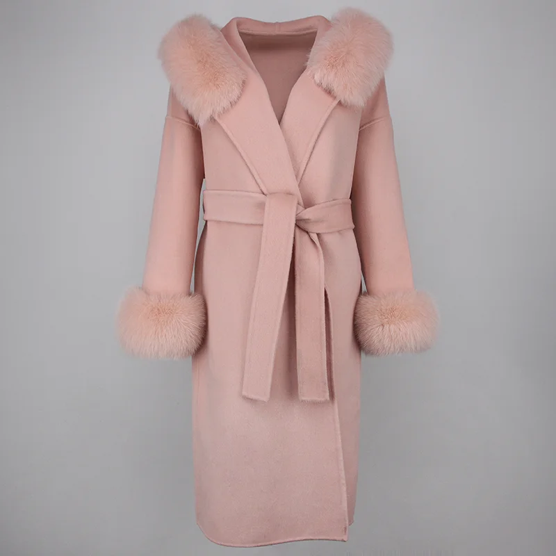 Женское длинное кашемировое пальто на лисьем меху, с капюшоном