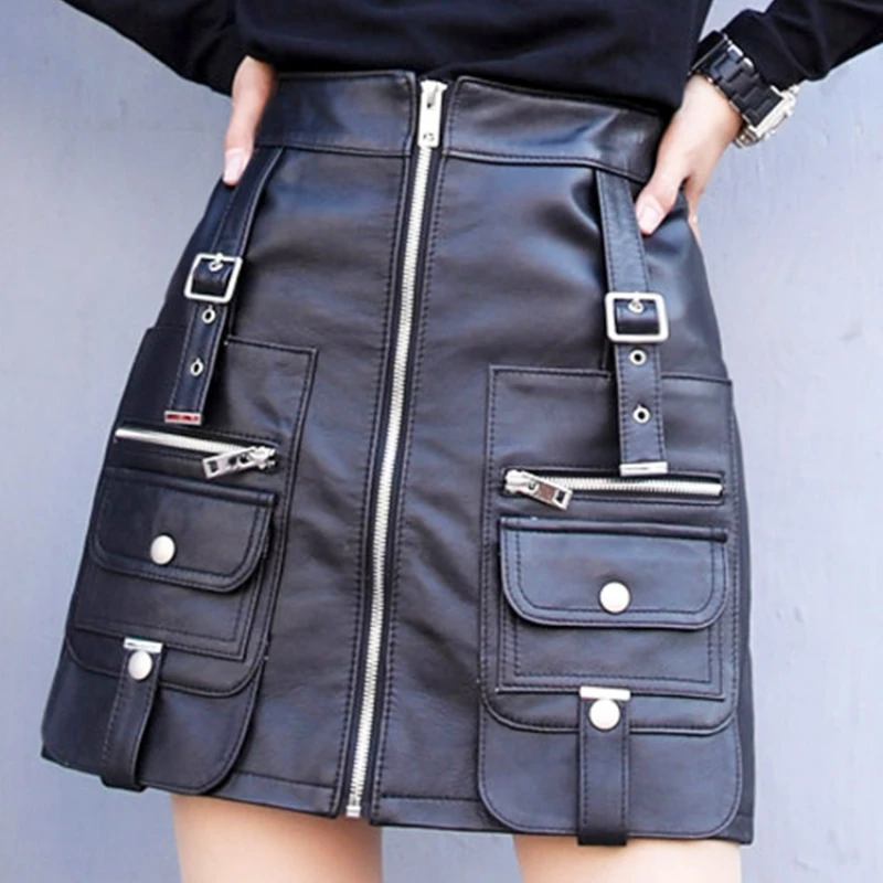 

Leather Skirt Women's High Waist Leather Dress Autumn Winter New Sheepskin Short Skirts Black Slim Type A Dresses Vestidos Cjk