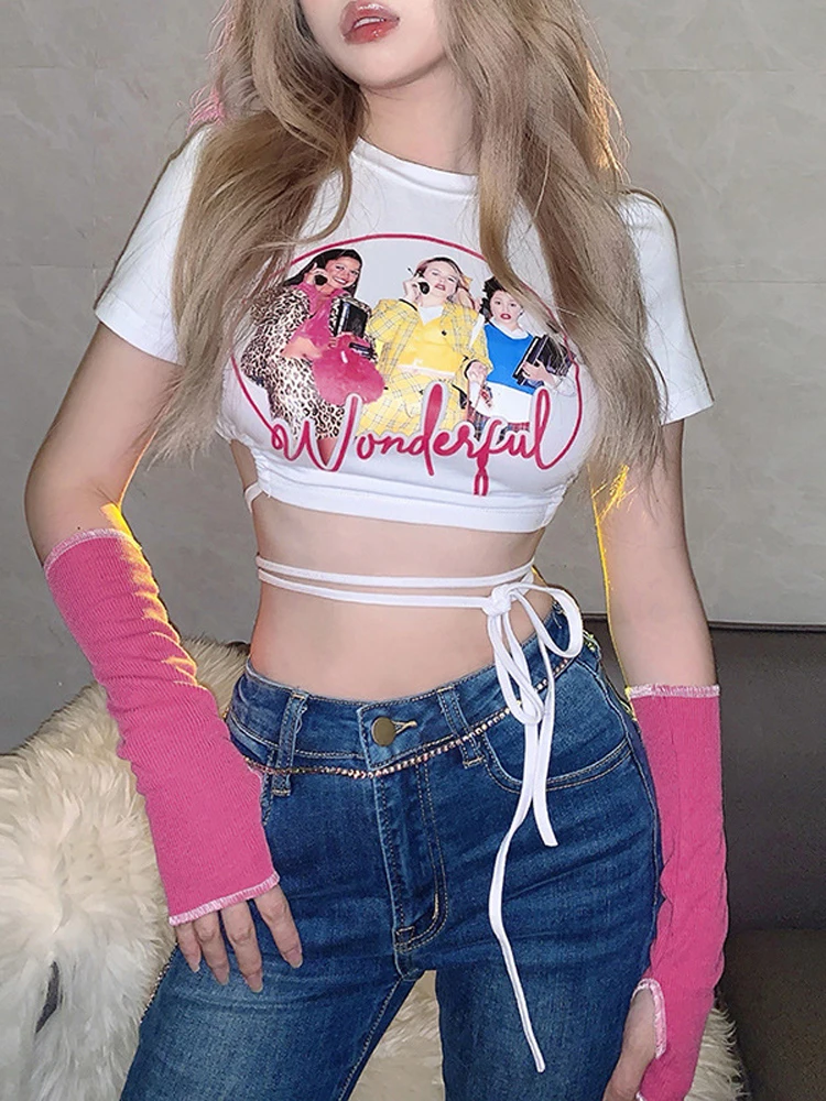 

Women Cartoon Lace Up Crop Top 2022 Summer Bodycon Sexy T Shirt with Gloves Cute E-GIRLS Y2k Tees Tshirt White Streetwear Yuqung