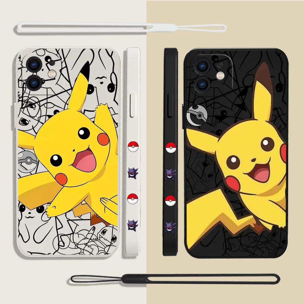 

Anime Pikachus Phone Case For iPhone 14 13 12 11 Pro Max Mini X XR XS MAX SE20 8 7 Plus 6 6S Plus Silicone Cases with Hand Strap