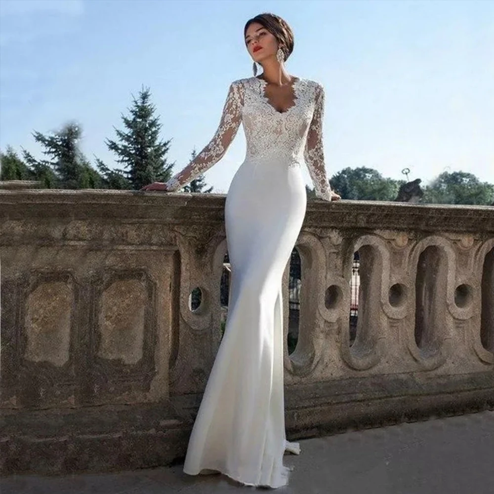 

Elegant Bride Gowns Full Sleeves Illusion Zipper Back V-Neck Wedding Dresses For Women Jersey Sweep Train Trumpet Robe De Mariée