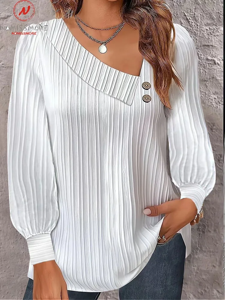 

Fashion Women Solid Color Vertical Stripe Blouse Irregular Design Button Decor Skew Collar Long Sleeve Loose Pullovers Top