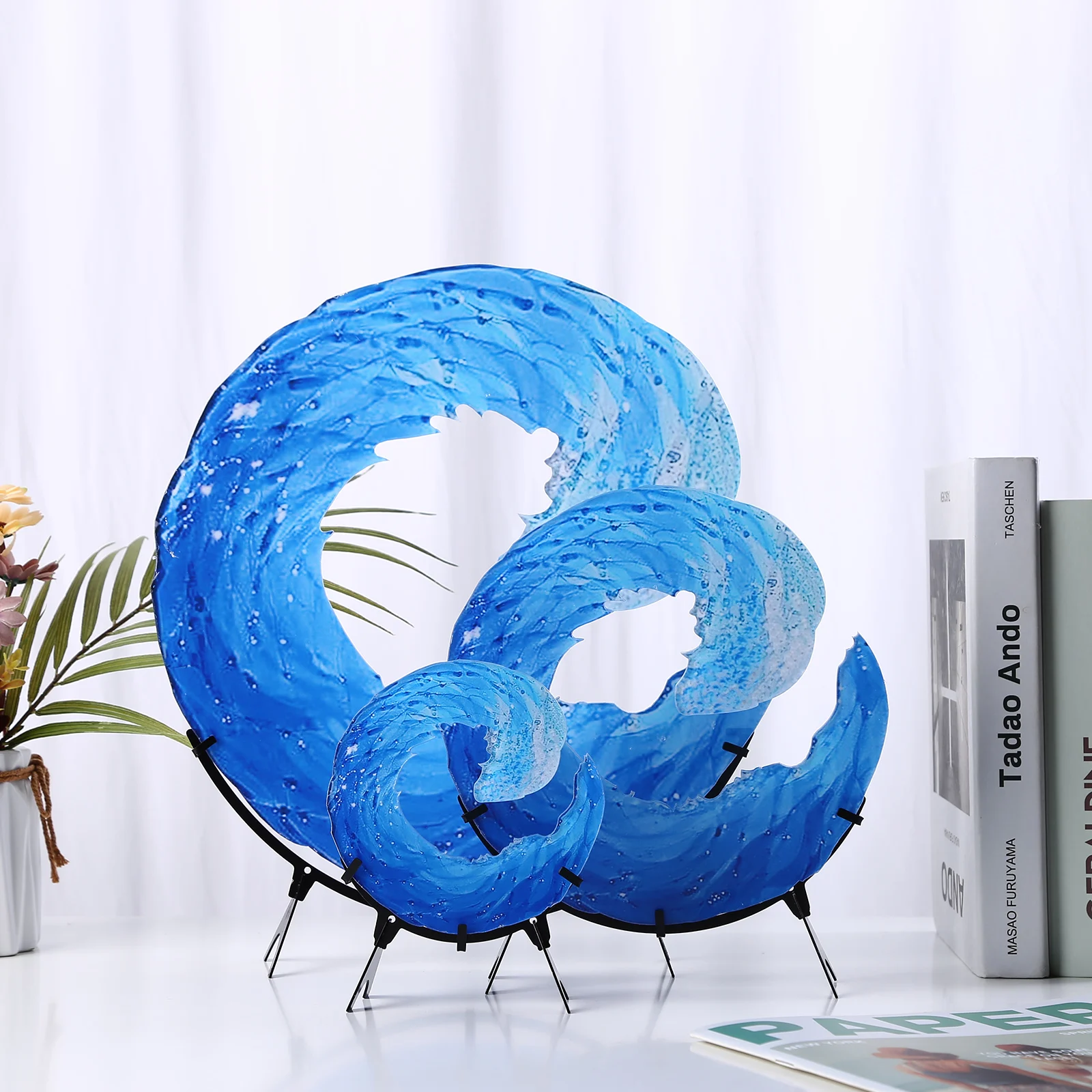 

Acrylic Ocean Wave Sculpture Creative Sea Wave Desktop Blue Flower Figurines Living Bedroom Dorm Office Decoration