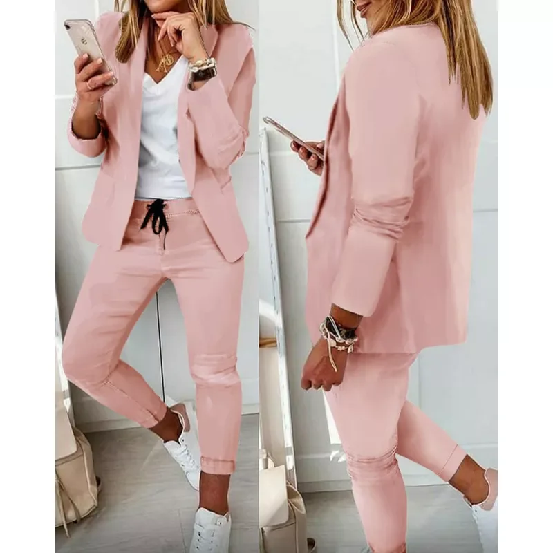 

New in Lady Black Solid Lapel Neck Blazer Coat Jacket & Drawstring Ankle Length Pants 2 Piece Set Women Autumn Winter Clothe