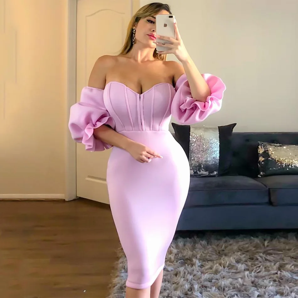 

Evening Party Dress Women Elegant Runway Short Lantern Sleeve Strapless Backless Bodycon Dress Night Club Wedding Pencil Dress