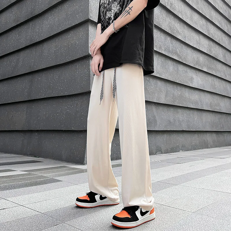 

Plus Size 5XL-S Summer Solid Ice Silk Casual Wide Leg Pants For Men Clothing 2022 All Match Streetwear Straight Trousers Male