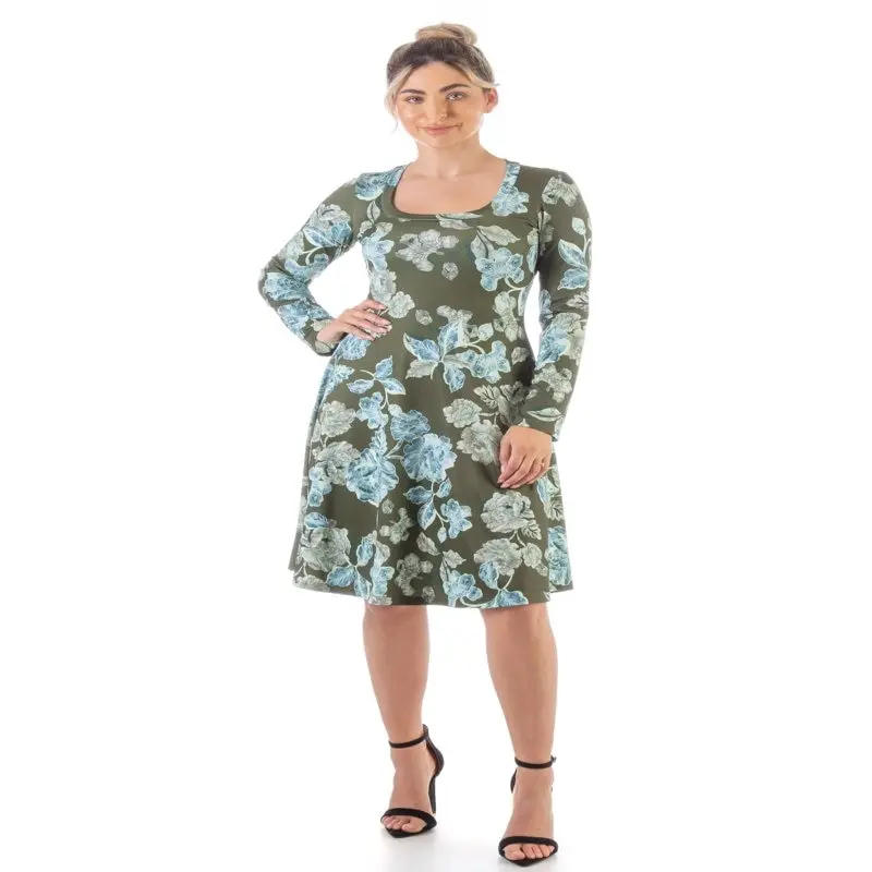 

24/7 Comfort Apparel Womens Green Floral Long Sleeve Knee Length T Shirt Dress