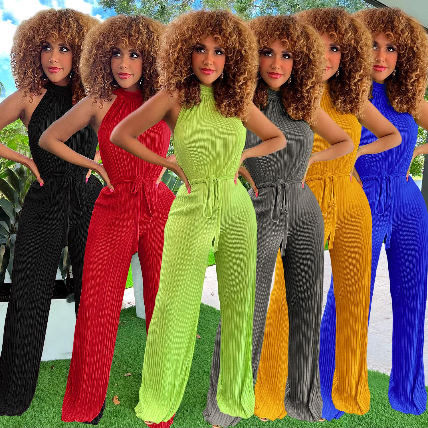 

Women Sexy Soild Color Pleated Jumpsuit Women One Piece Halter Sleeveless High Waist Romper Wide Leg Outfits