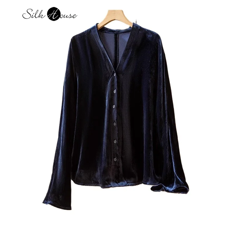 Легкая роскошная 30% натуральная шелковая бархатная рубашка с v-образным вырезом и