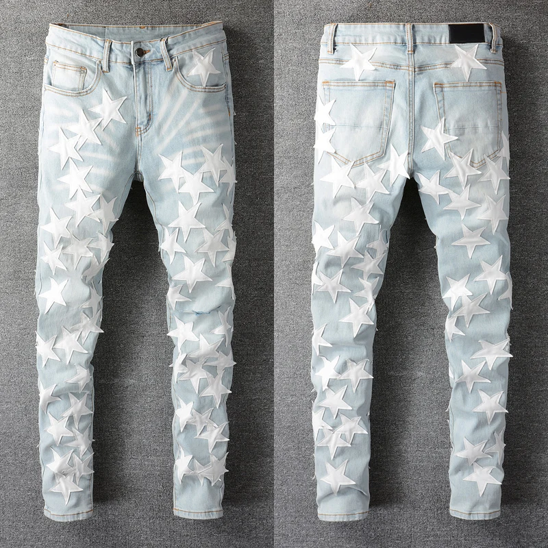 Street Fashion Men Jeans Retro Light Blue Stretch Slim Ripped Jeans Men Hole Trousers Patch Designer Hip Hop Brand Pants Hombre