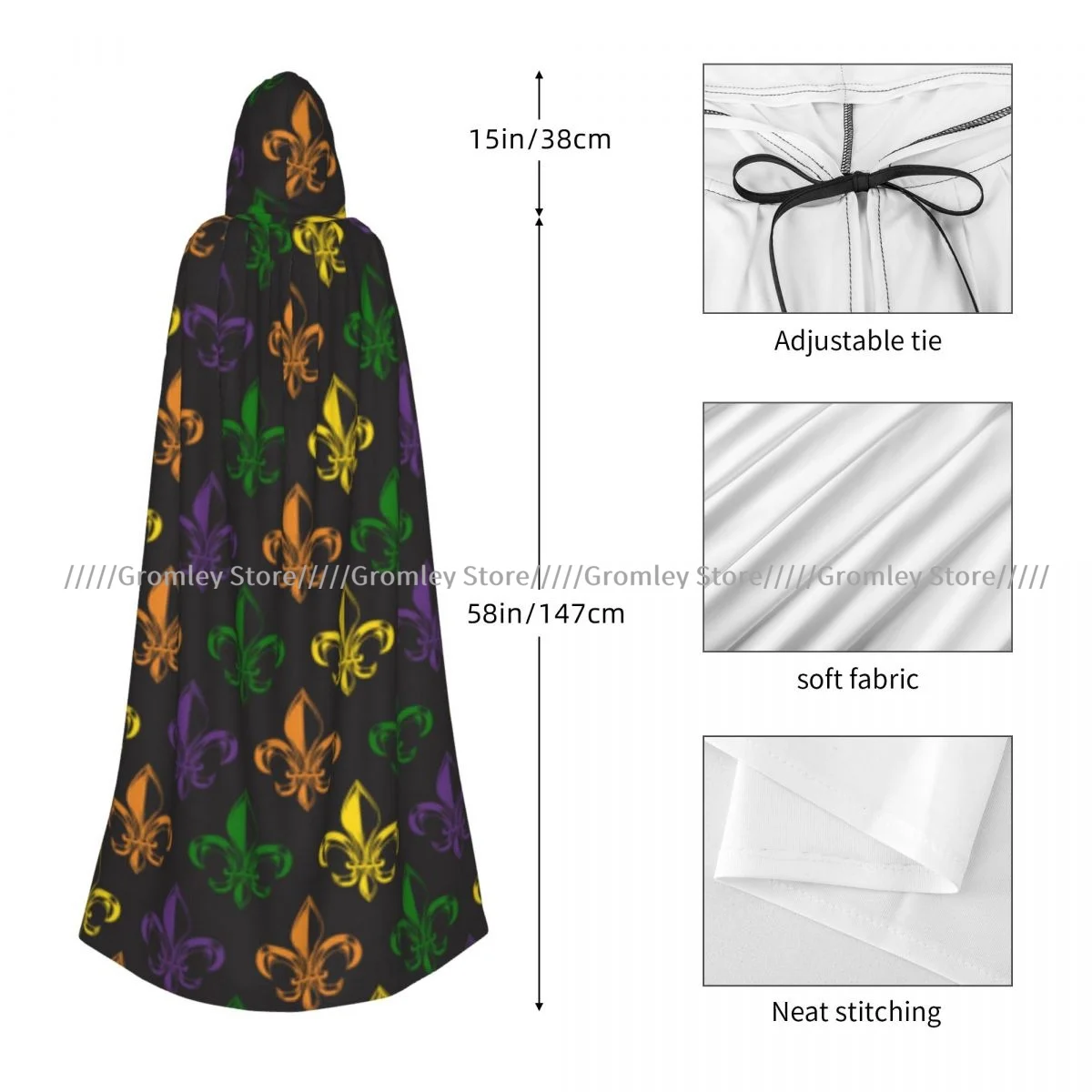 Medieval Halloween Cosplay Cloak Hooded Coat Mardi Gras Carnival Pattern Cape Long Trench Costume Wizard