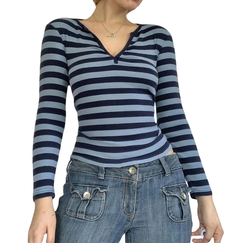 

Summer y2k Women Long Sleeve Tops Korean Fashion Kawaii Stripe T-Shirt Slim Streetwear Fairy Grunge V Neck Tee Sweat Shirts