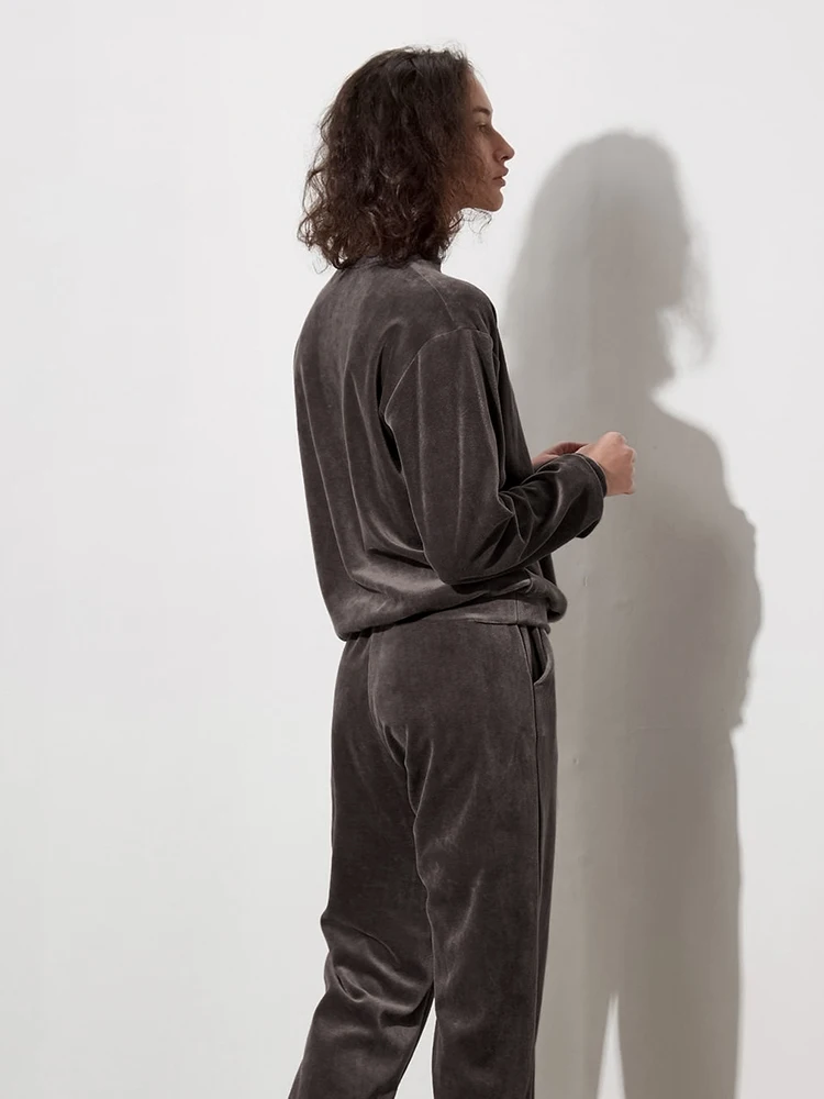 WeiYao 2022 Velvet Pajamas Female Winter Knitting Women's Home Clothes Round Neck Brown Long Sleeve Sleepwear Women Pajama Warm