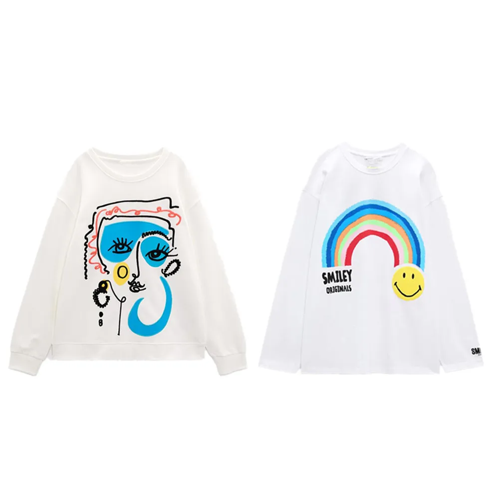 

PB&ZA autumn new women's casual belted embroidered face pattern sweater + rainbow print round neck sweater 1165/491