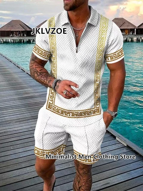 Fashion Men's Polo Set Summer Vintage Tracksuit Casual Turn Down Collar Male Polo Shirt Suit Clothing Hawaii Style Streetwear