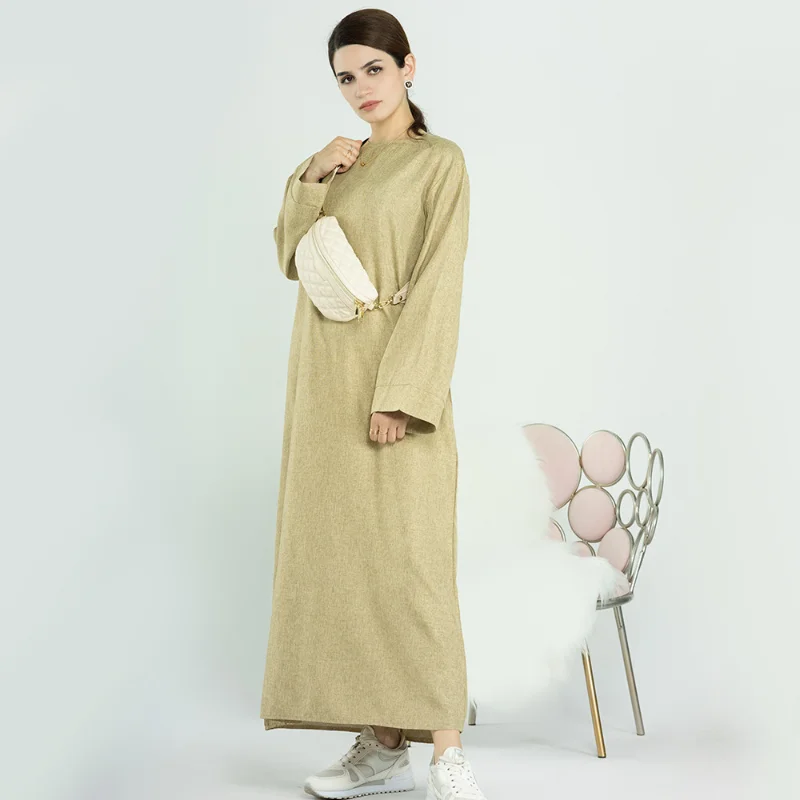 Islam Abaya Dress Solid Color Crewneck Long Sleeves Abayas for Women Loose Casual Robe Femme Musulmane