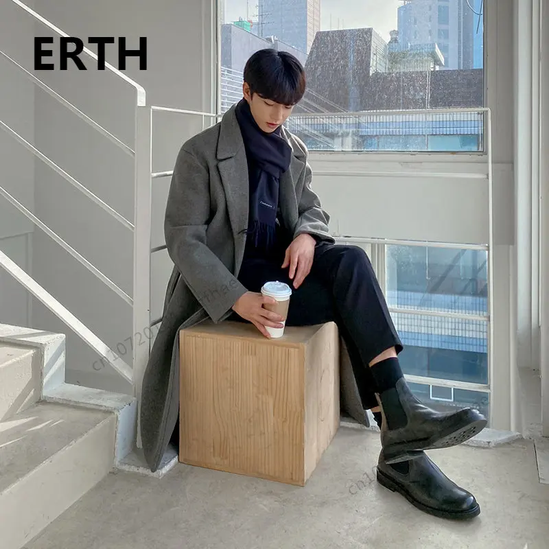 

ERTH Korean Winter Woolen Overcoat Men's Long Style Trend Handsome Over Knee Thickening Medium Length Grey Coat With Belt