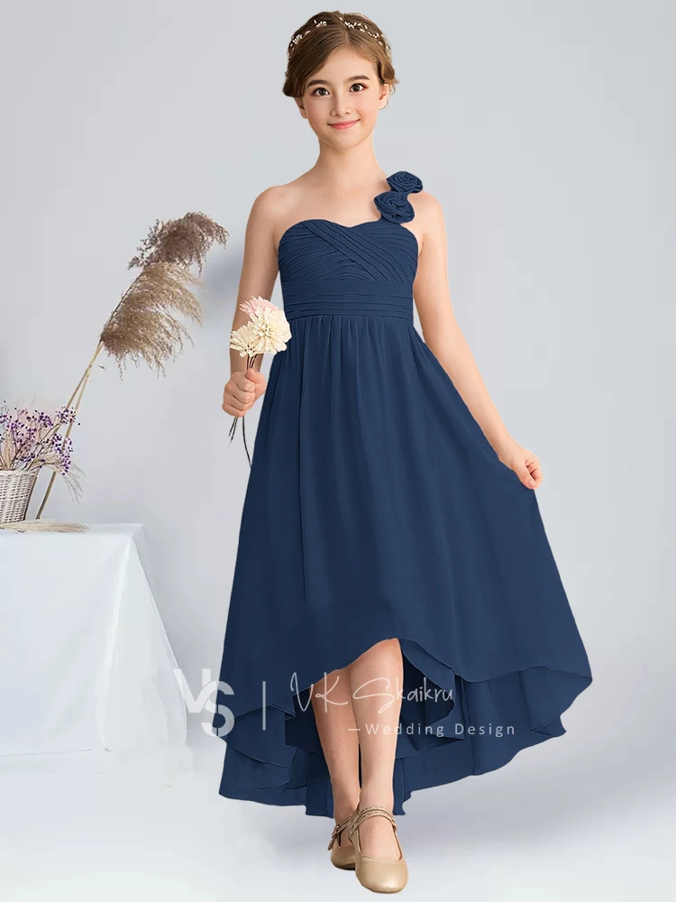 A-line One Shoulder Asymmetrical Chiffon Junior Bridesmaid Dress With Flower Bow Dusty Rose Flower Girl Dress for Kids Summer images - 6