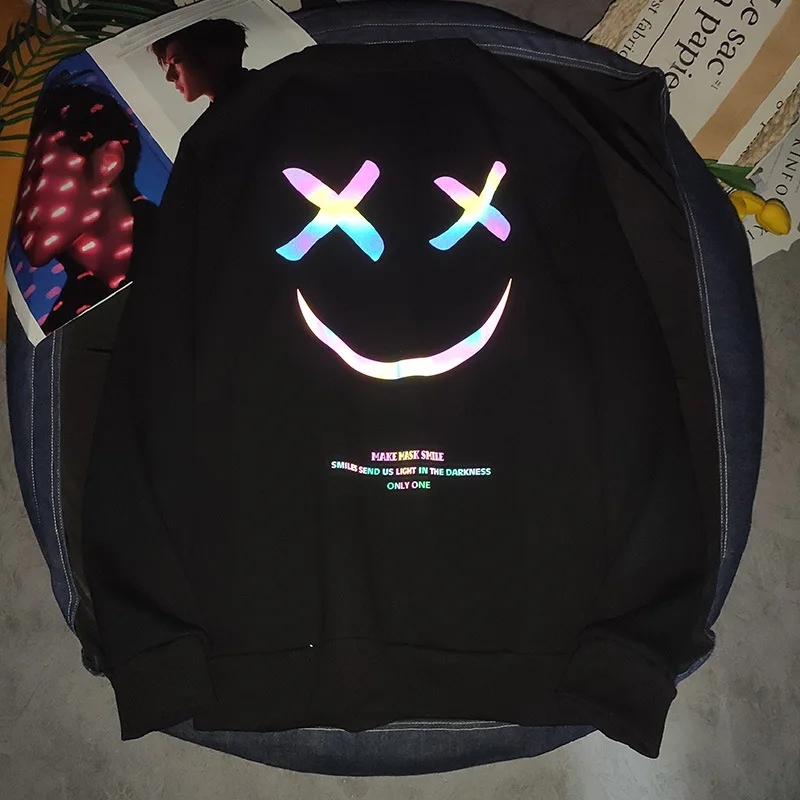

Thick Reflective Glow Devil Smile Hoodie the New Hoodie Plus Velvet Round Collar Hoodie Fashion Mens Wear