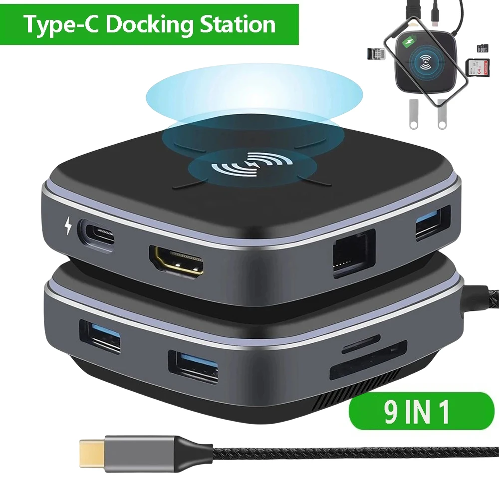

Type-C Hub 9 in 1 Docking Station to HDMI Wireless Charger Gigabit Ethernet 3 USB3.0 60W PD RJ45 SD/TF Card Reader for PC Laptop