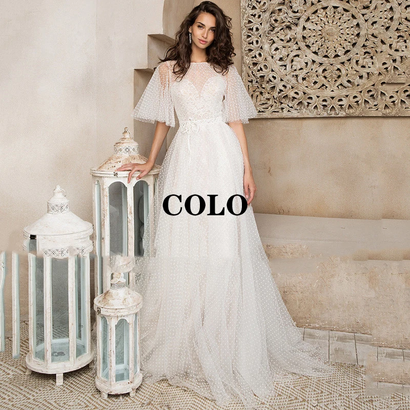 

Elegant Dots Tulle Wedding Dress Sweetheart Lace Vintage Bridal Dresses 2022 Women Boho Wedding Gowns Puff Sleeve A-LINE