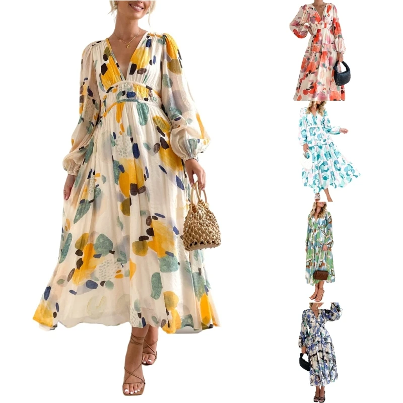 

Long Sleeve A-line Dress Sexy Club Outfits for Womens Floral Print V-neck Dress