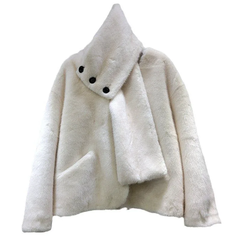 DEAT Новая модная теплая куртка из меха норки с шарфом для женщин свободное