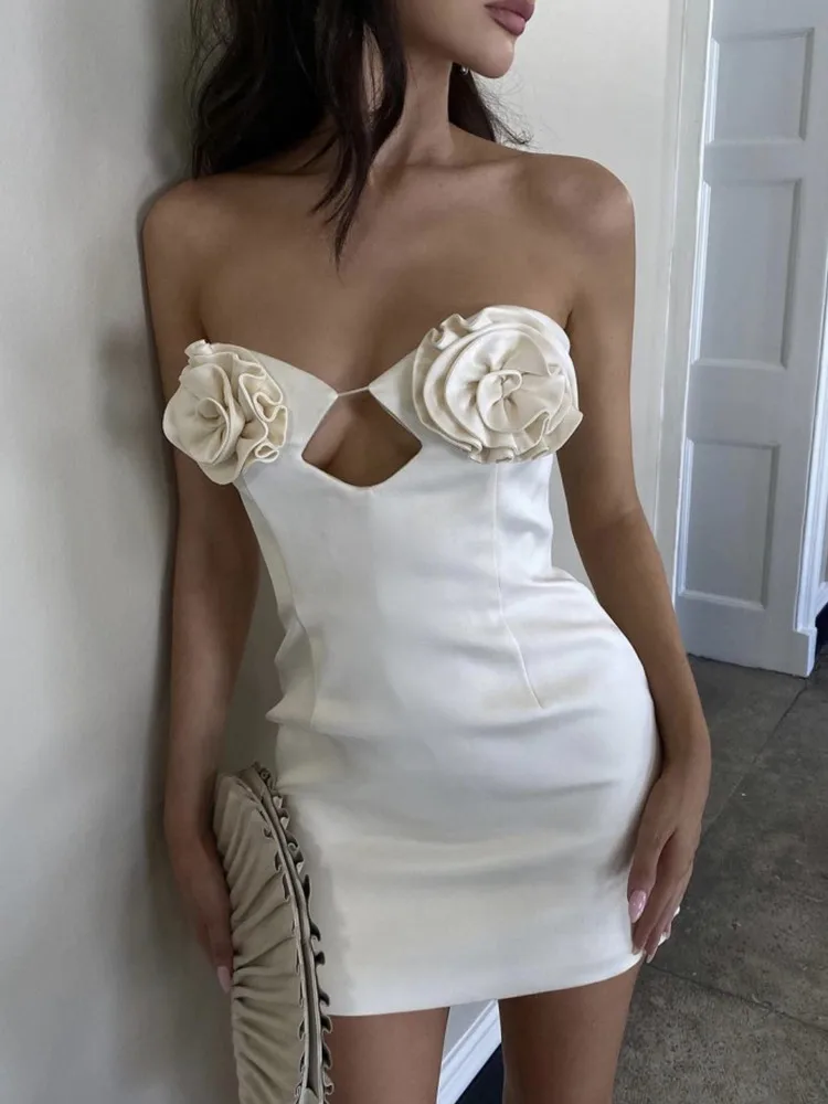 

New Women Dress Sexy Strapless Keyhole Designer Floral Ivory Bandage Party Dress Mini Celebrity Dress Vestido