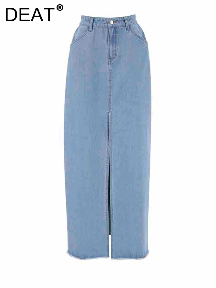

DEAT Women's Denim Skirt High Waist Slim Light Blue Long Mid-Calf Length Split Skirt 2023 Summer American Streetwear 29L1976