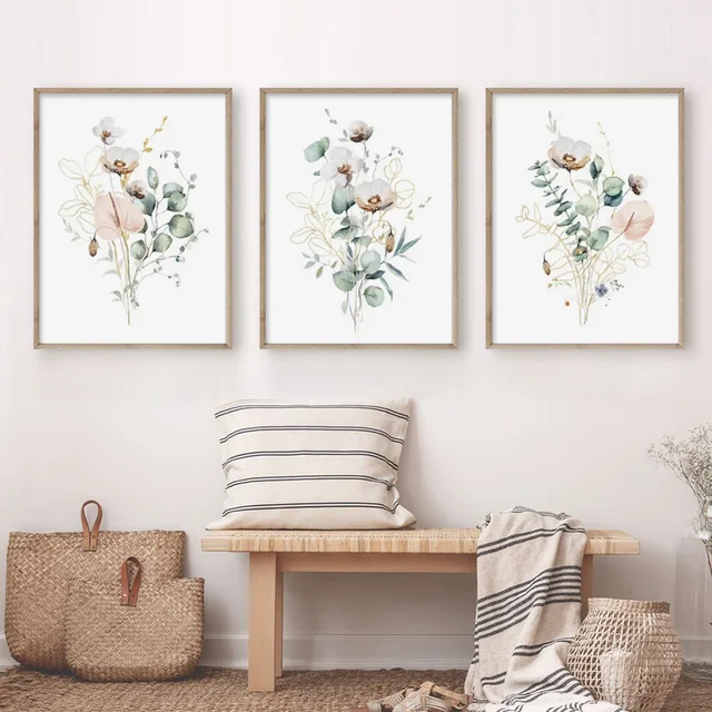 Boho Watercolor Neutral Wildflower Green Leaves Canvas Painting Poster Wall Art Print Picture for Living Room Girl Bedroom Decor 1