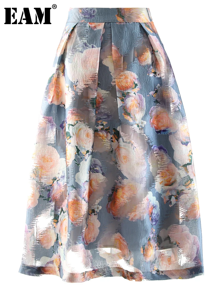 

[EAM] High Waist Pattern Printed Pleated Vintage A-line Half-body Skirt Women Fashion Tide New Spring Autumn 2022 1DE7440