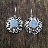 ethnic style round dark blue stone earrings boho jewelry vintage silver color hand carved flowers dangle earrings for women