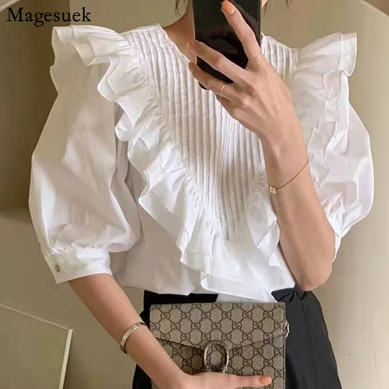 

Женская Свободная блузка с оборками, элегантная плиссированная блузка с коротким рукавом и круглым вырезом, модель 2022 в Корейском стиле на ...