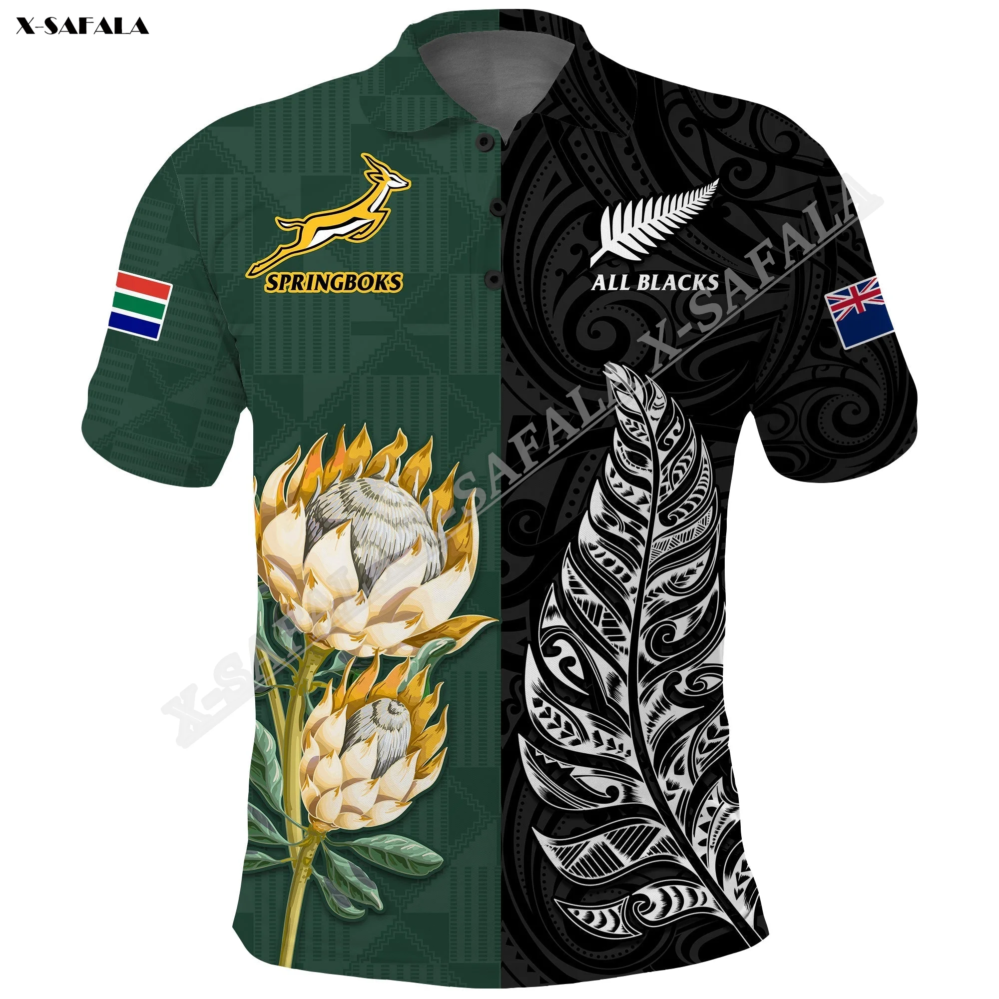 

South Africa Protea New Zealand Fern Rugby Go Springboks VS All Black 3D Printed For Men Polo Shirt Collar Short Sleeve Top Tee