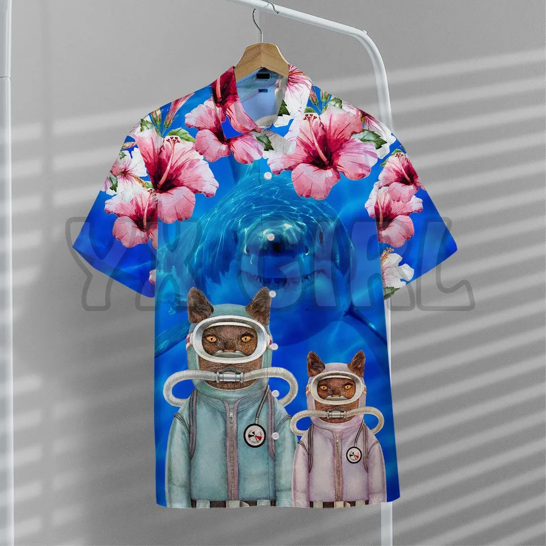 Scuba Diving Cats With Shark Behind Cat Lovers 3D All Over Printed Hawaiian Shirt Men's For Women's Harajuku Casual Shirt Unisex