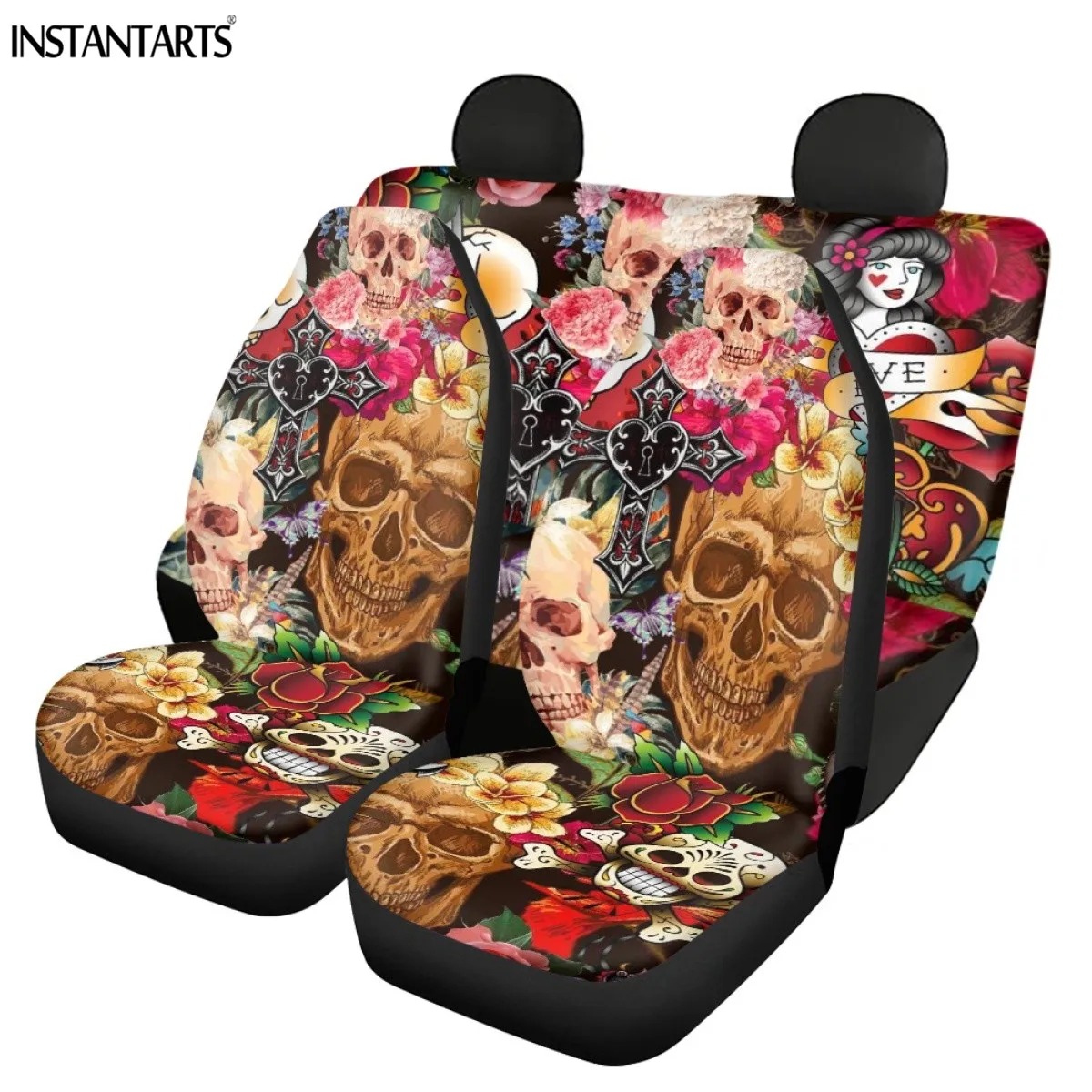 

Чехлы для автомобильных сидений INSTANTARTS, удобные 3d-чехлы на передние и задние сиденья, с рисунком черепа и сахара, модные аксессуары для автомобиля